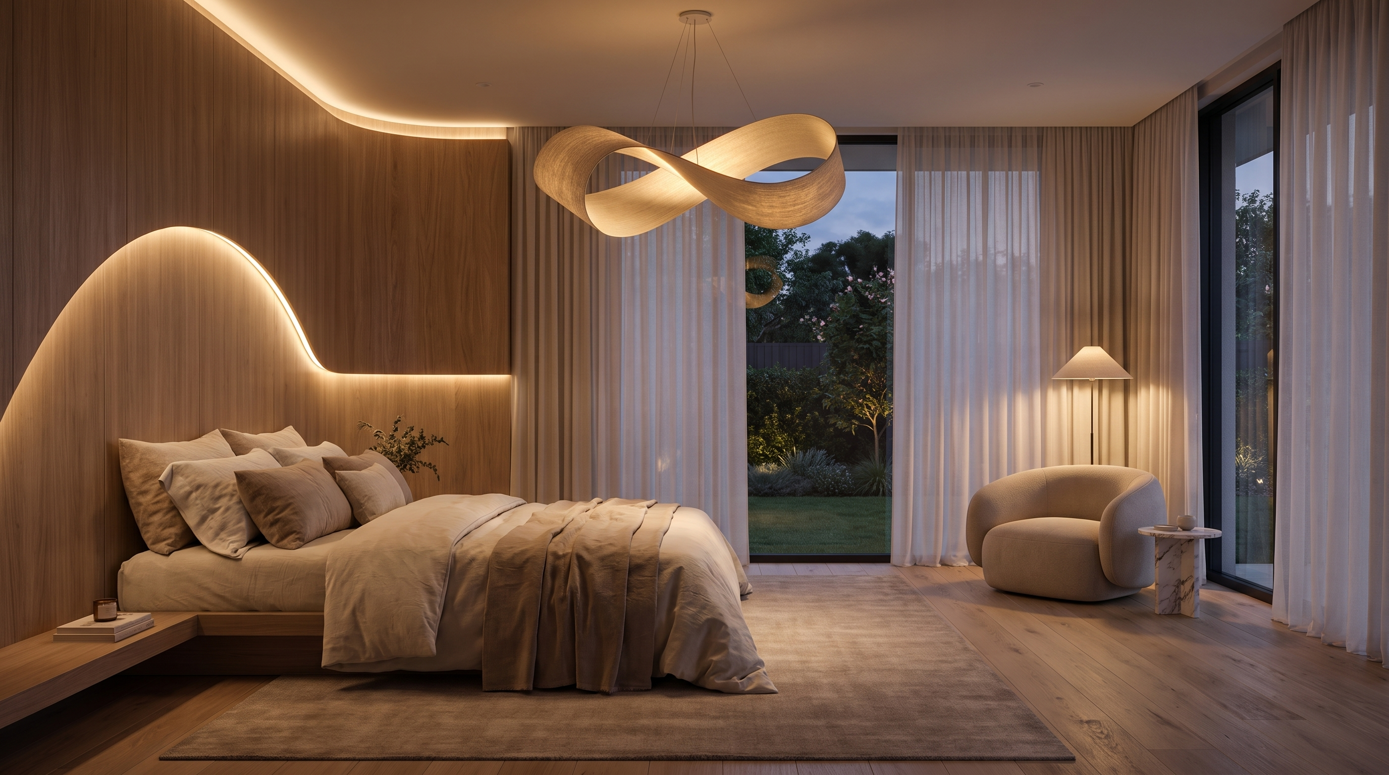 Translation missing: en.Serene bedroom with warm backlit curved wood wall
