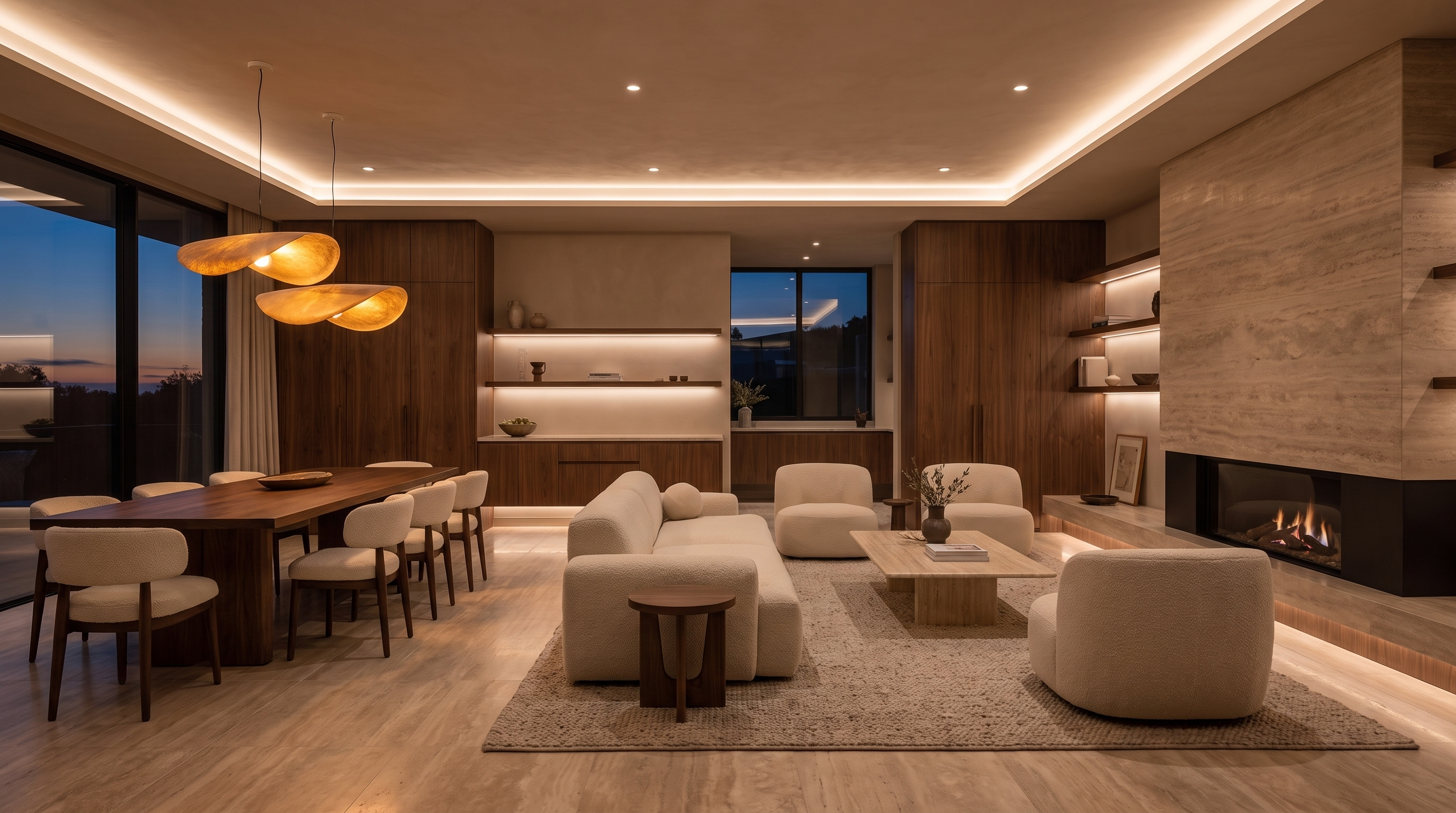 Translation missing: en.Warm modern living and dining space with sculptural lighting