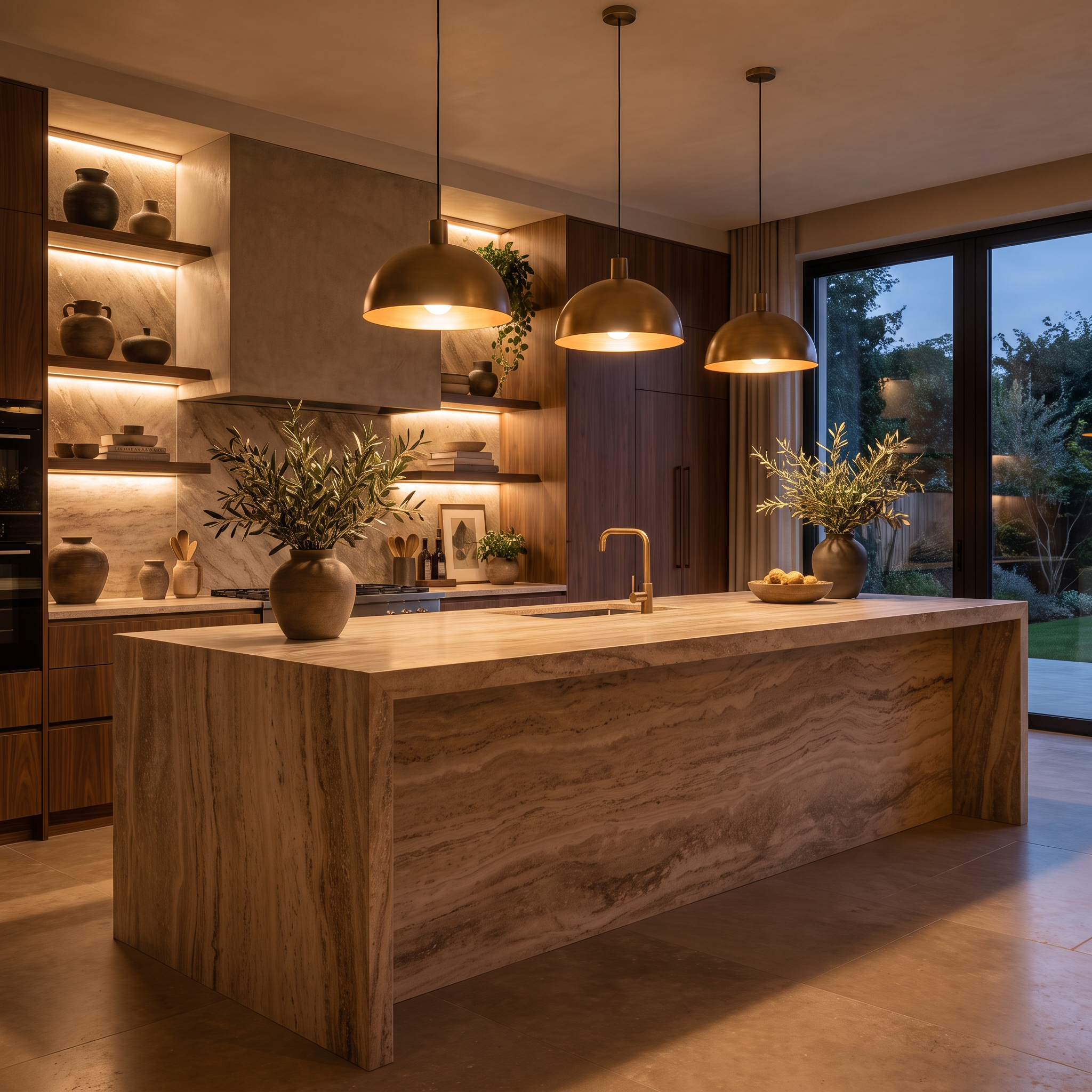 Travertine kitchen island under warm brass pendant lights