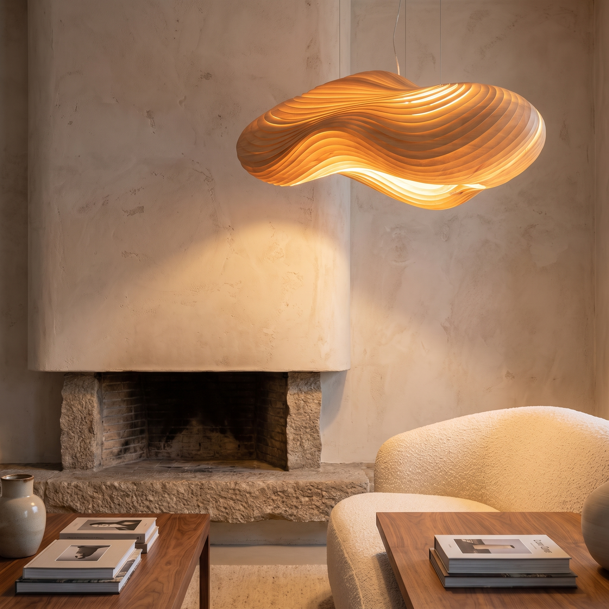 Sculptural pendant light glowing above a stone fireplace