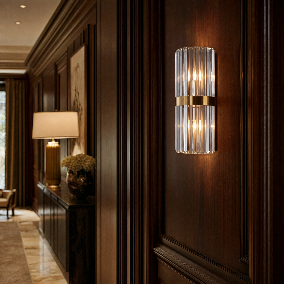 Lucent crystal wall sconce in a luxury home interior